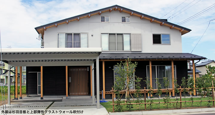 外装は杉羽目板と上部弾性グラストウォール吹き付け